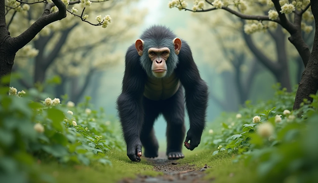 Front view，There is a wild beast in the osmanthus forest，Ape with white ears，Walking upright（best quality，4K，8k，High level，masterpiece：1.2），Ultra Detailed，（lifelike，Photo real，Photo real：1.37）