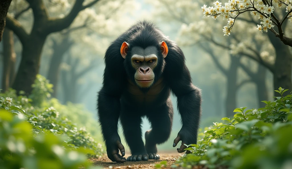 Front view,There is a wild beast in the osmanthus forest,Ape with white ears,Walking upright(best quality,4K,8k,High level,masterpiece:1.2),Ultra Detailed,(lifelike,Photo real,Photo real:1.37)