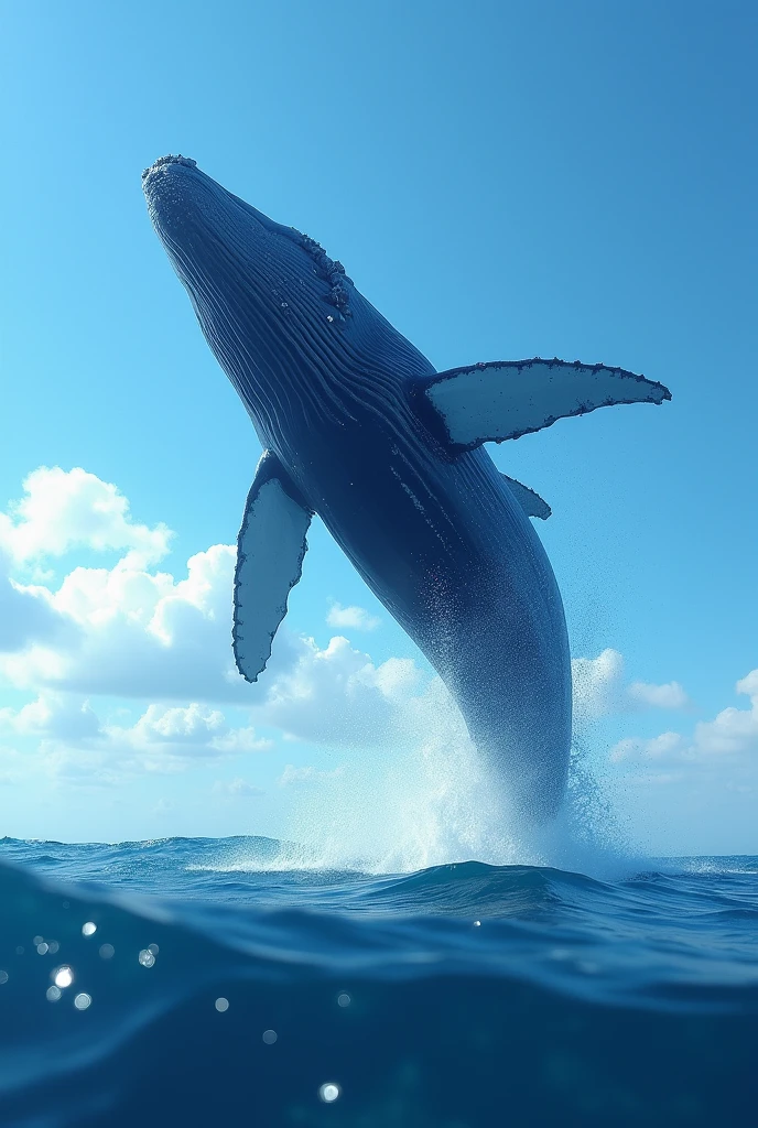 a blue whale leaping majestically above sea level, completing the landscape of a beautiful blue sky