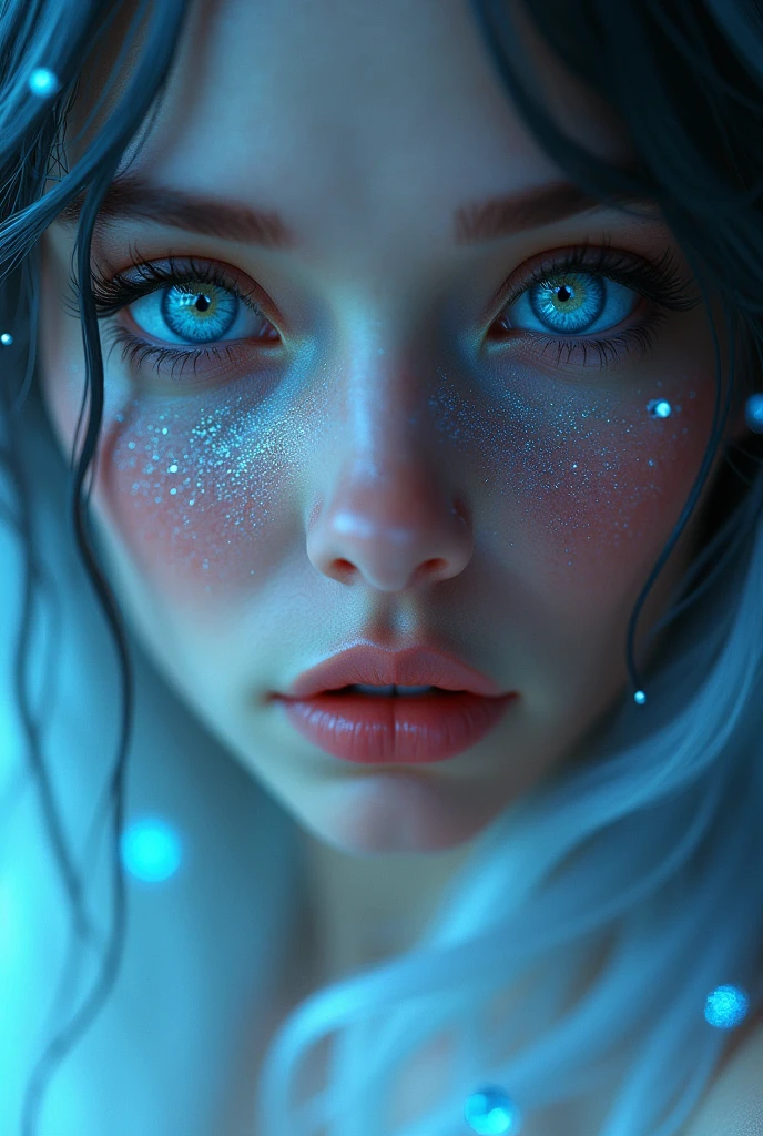 Close-up：A blue-eyed、Woman with sparkling face, Beeple&#39;s Surrealism, Popular on artstation, Fantasy Art, hyperrealistic Fantasy Art, Beautiful digital artwork, 8K Photorealistic Digital Art, realistic digital art 8k, realistic digital art 8k, Brandon Wolfel, Ethereal!!! surreal, Surrealism Digital Art