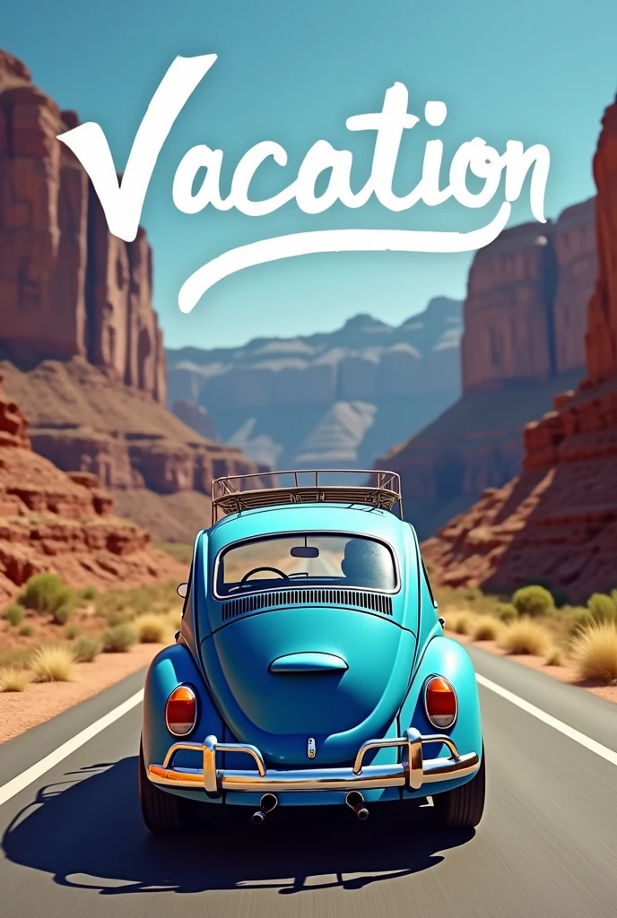 Rear of a 1973 blue Beetle,
Traveling through the Grand Canyon in the USA,
with written logo "vacation" Na parte de cima.
With wide mode view