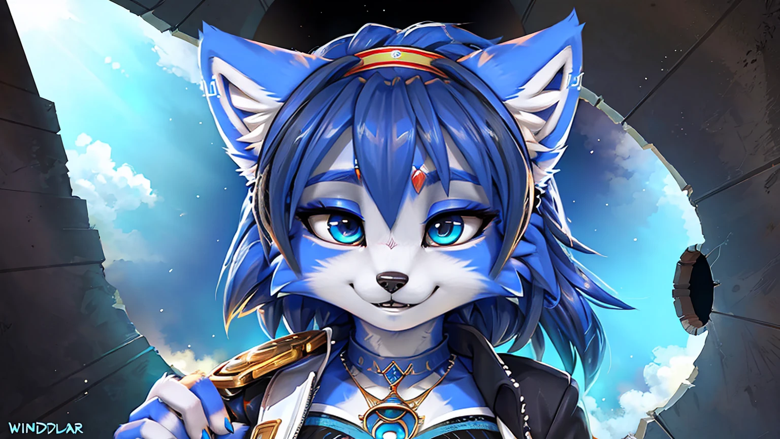 A beautiful and detailed (sweet picture) wa ((krystal)), Star Fox krystal, sslim, lovable, green eyes, medium breasts, (((Long blue hair 1.3))), Decollete, anthro, furry, Uploaded E621, detailed fluffy fur, (wa Fluff-Kevlar, Bayard Wu, Pino Daeni), detailed face, (fluffy), 1 girl, alone, sweet girl, (((hole body))), 