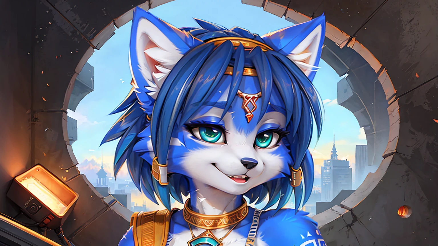 A beautiful and detailed (sweet picture) wa ((krystal)), Star Fox krystal, sslim, lovable, green eyes, medium breasts, (((Long blue hair 1.3))), Decollete, anthro, furry, Uploaded E621, detailed fluffy fur, (wa Fluff-Kevlar, Bayard Wu, Pino Daeni), detailed face, (fluffy), 1 girl, alone, sweet girl, (((hole body))), black highlights, black eyeliner, black mascara), wear sexy gothic clothes, hochper body shot, winks, Grinning