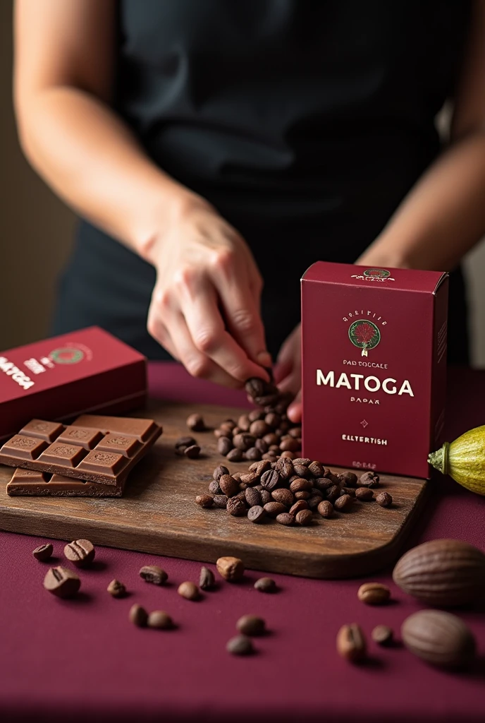 preparation of table cocolate in balls, cocoa nips, chocolate bar and that says Matoga in white and that it looks artisanal so that it can be seen that a woman makes it, change the boxes so that they are in burgundy and say made in Arauca and without anything else so that the Matoga looks clearer and more products can be seen where it says Aradonal say Araucano so that only the woman's hands can be seen I like that image, put a tablecloth on it and put Matoga so that it is legible without painted nails and a cocoa cob next to it