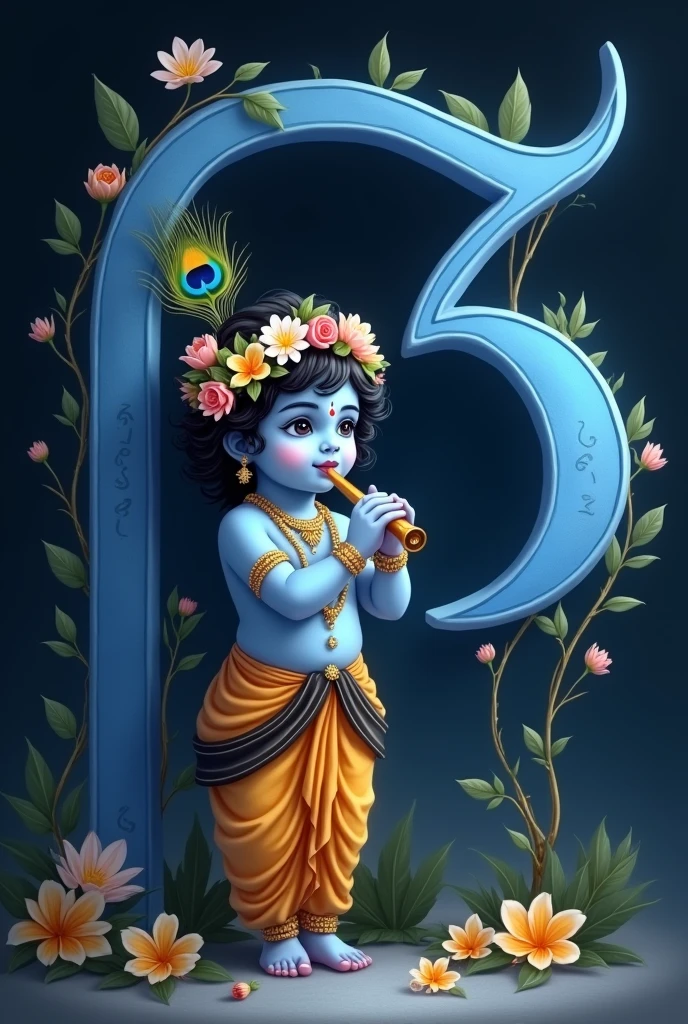 Create an image of a baby Krishna with a delicate, soft blue complexion, dressed in a traditional yellow dhoti and a black shawl adorned. He wears a garland of flowers on his head, including a peacock feather, and plays a flute with a serene expression. Krishna is standing next to a large, elegant blue gradient letter ‘P’, which is embellished with flowers and vines in another side. Infinity background a dark gradient, highlighting the divine and tranquil atmos