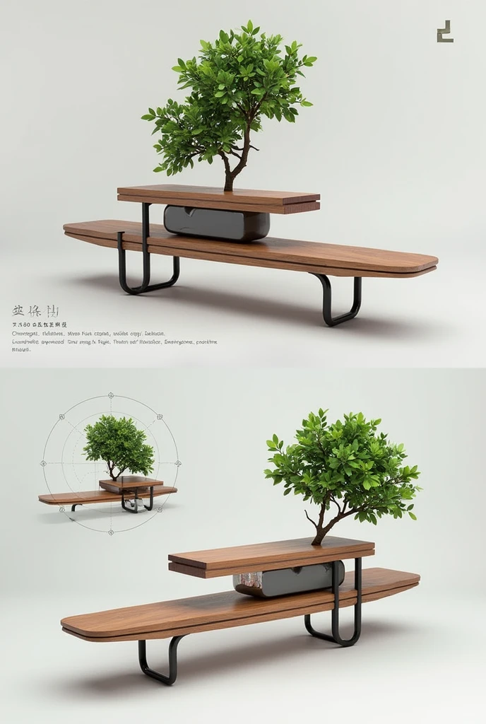 Bench with innovative design with backrest and vase with tree, made from modules that integrate it 