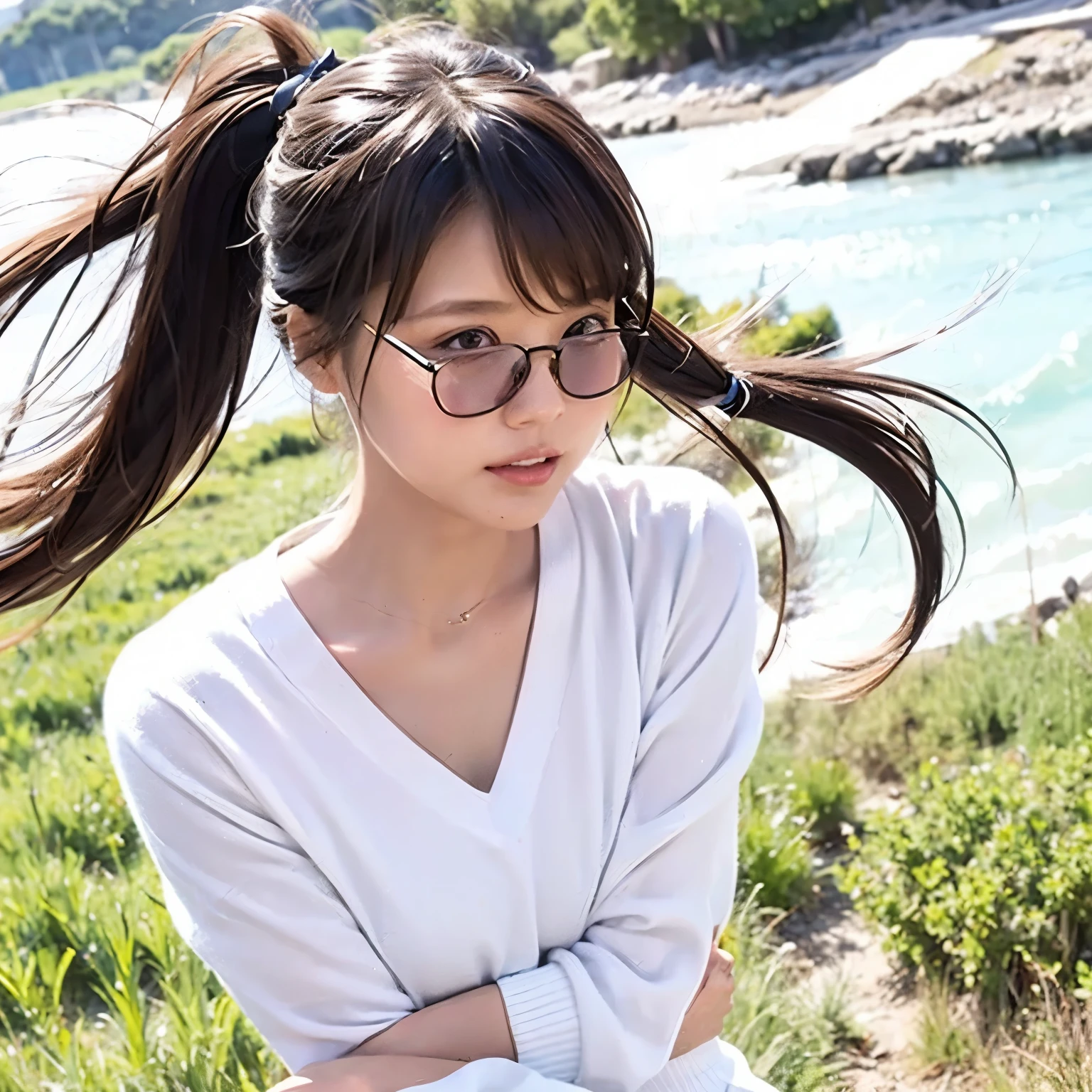 The wind flipped up her skirt、She showed her white panties through her black pantyhose. Strong winds 14Pretty woman of age Glasses ponytail、 Embarrassing