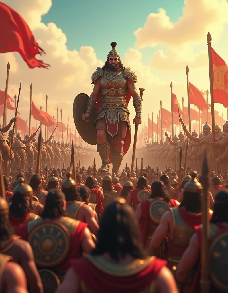  Generate in cinemetic 3d cartoon**Discuss the strategic importance of key leaders in a large-scale conflict. How does their presence impact the morale and tactics of the opposing forces?**in Mahabharat time pictures 