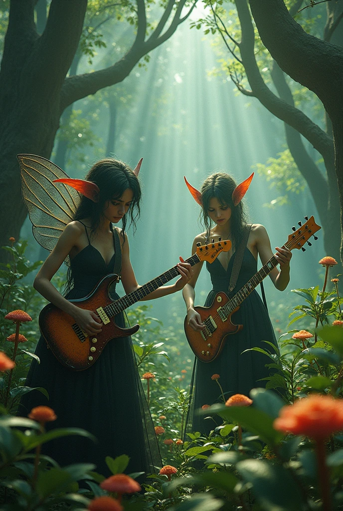 Dark and black fairies playing electric guitar in a lush garden