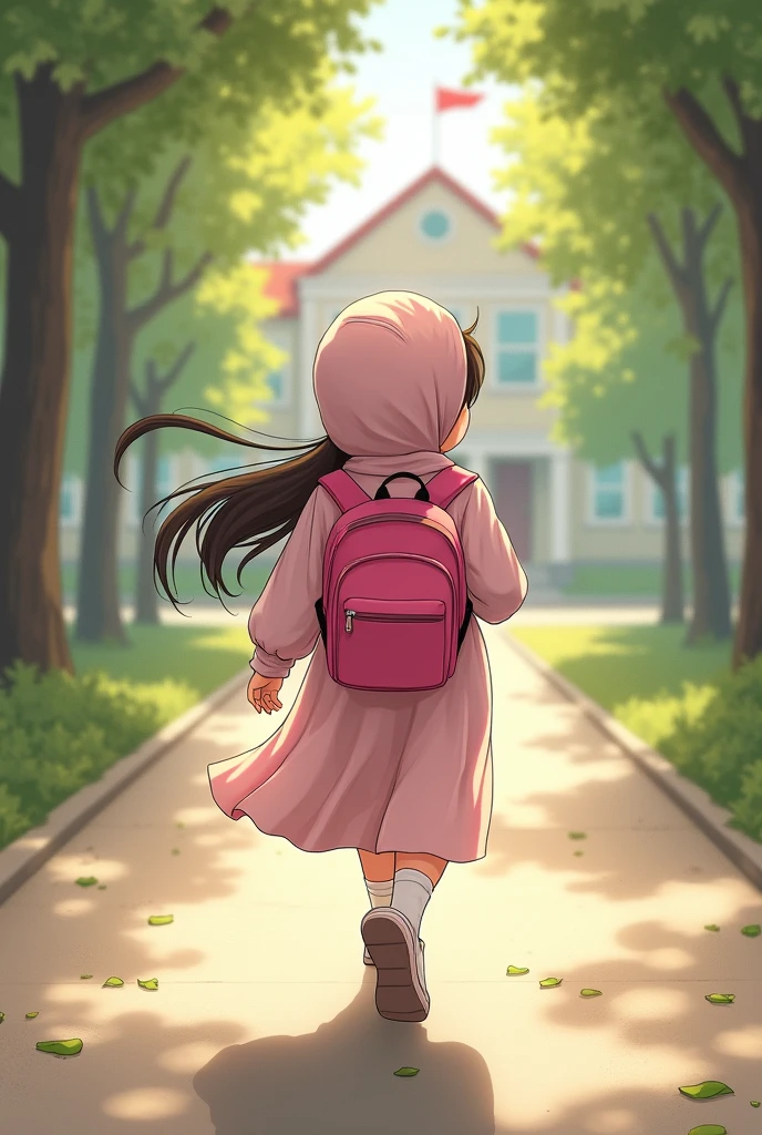 A beautiful girl wearing a pink headscarf and carrying a pink backpack walks to school