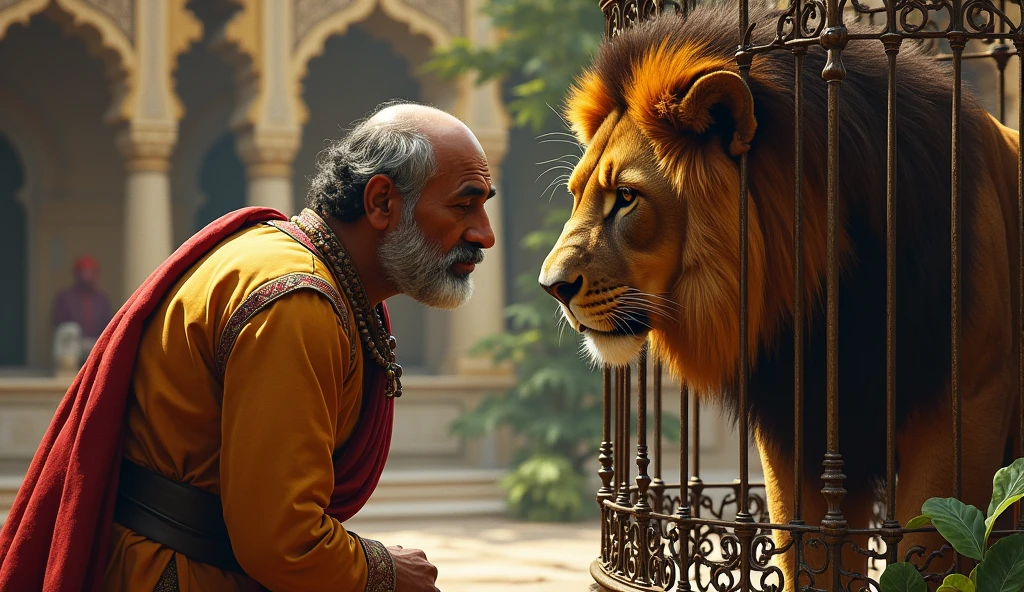 Birbal Inspecting the Cage and Lion
Depict Birbal closely examining the lion and cage, looking for clues to solve the challenge.