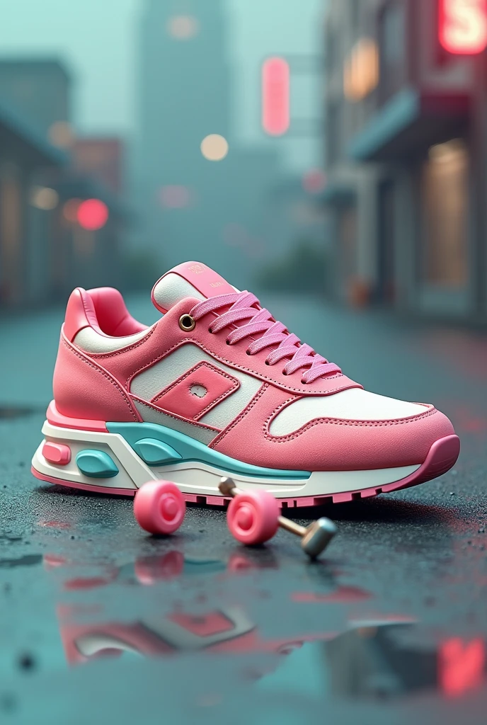 An 80s style shoe, with pastel shades like green and vanilla. Leather and suede materials, with an urban background, that the image looks like an advertisement from the 80s in shades. Next to accessory wheels for you to turn skates