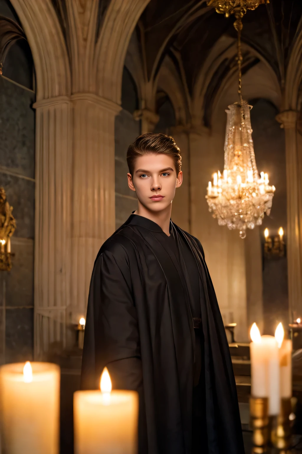 gothic aura, gothic architecture, mysterious atmosphere, candles, chandeliers, dark colors, attractive boy, handsome boy, white boy, pale skin, extremely pale skin, dark hair, green eyes, 2, dramatic light, symmetrical, anatomical perfection, beauty , he wears a black tunic, black toga, young prince of darkness, beautiful young demon
