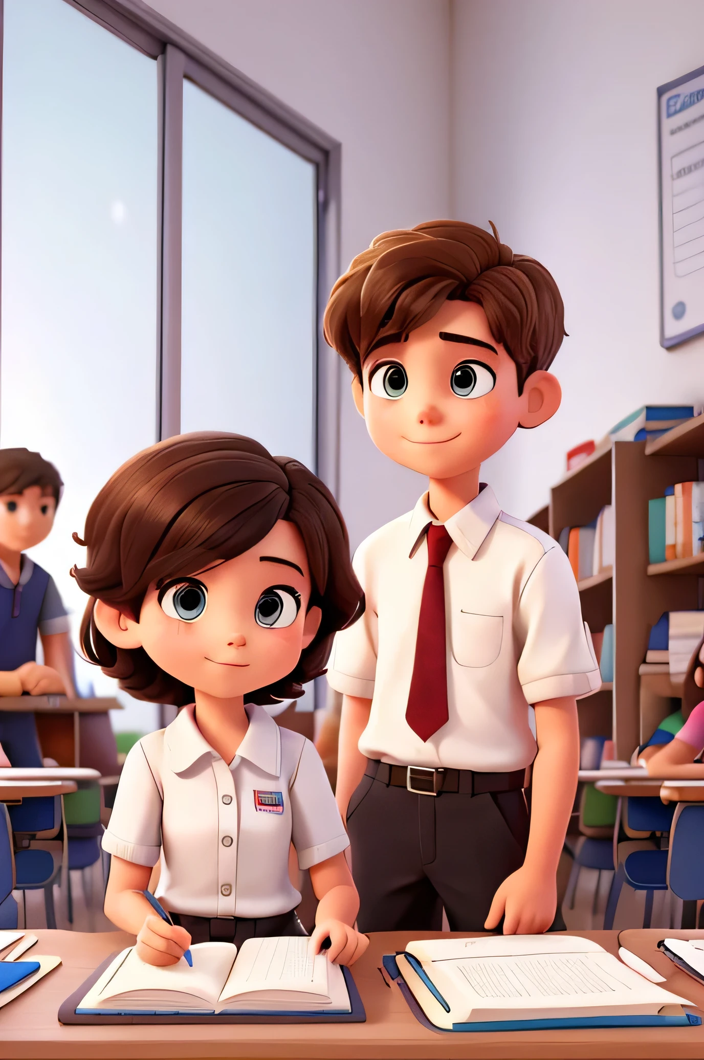 a girl and a boy with short hair in a classroom writing in a notebook, THAT IN THE BOTTOM THERE IS A BOARD WHERE THE WORD IS WRITTEN "EDUCATIONAL FORUM 2024 - SAN JOSE DEL GUAVIARE" with white background