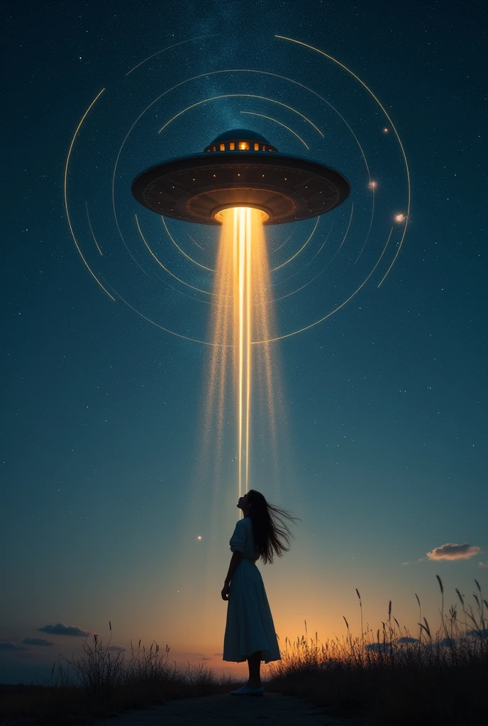 long exposure of starry sky with many circular orbits, focus on the stars, a flying saucer, radiates light downwards,Silhouette of a young European woman with long hair with one of her hands half raised, shelter, Looking up,golden ratio,shooting stars, two of them yellow,silhouette of a luminous human outline in front of her