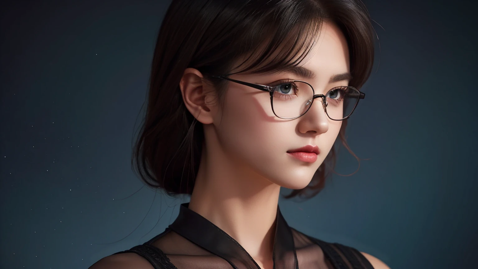 A 16k realistic portrait masterpiece, realistic soft detail lines, highest resolution, every detail, meticulousness, depth of field, bright colors, beautiful composition: a teenage girl (wearing rimmed glasses, no top rim) smiling happily, light makeup with black hair and beautiful innocent detailed eyes,  standing on a dark and ominous scene. Sexy silk dress, medium breasts.