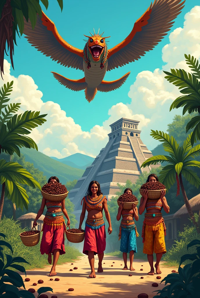 Make an Aztec village with happy people carrying baskets full of cocoa and place it in the background, in the sky a snake flying. I want you to generate art in the style of drawing and painting used by the Mayans and Aztecs