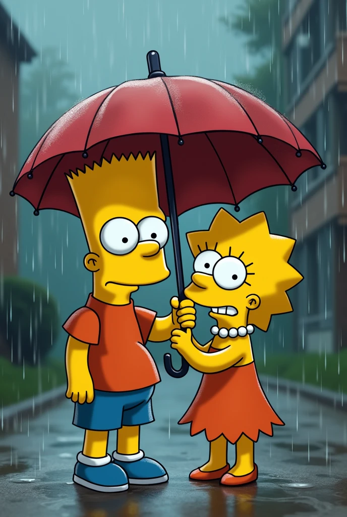 Bart and Lisa in a cute moment. Bart is angry. Bart holds an open umbrella protecting Lisa from the rain. Add a smile.
