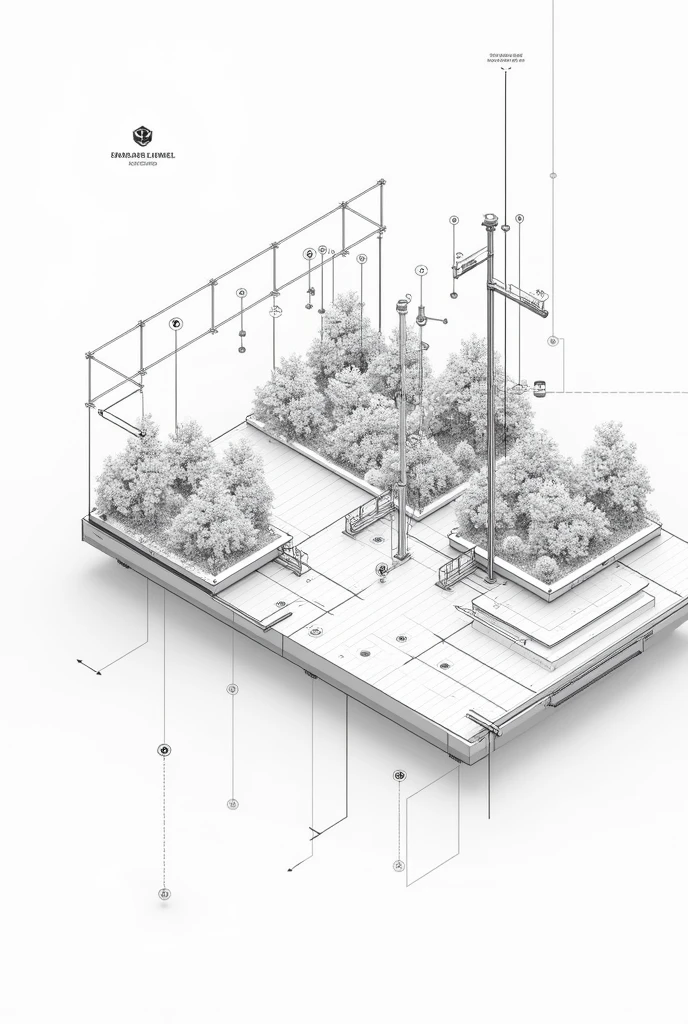 Black and white plan of an automated garden with lighting and irrigation in 2D