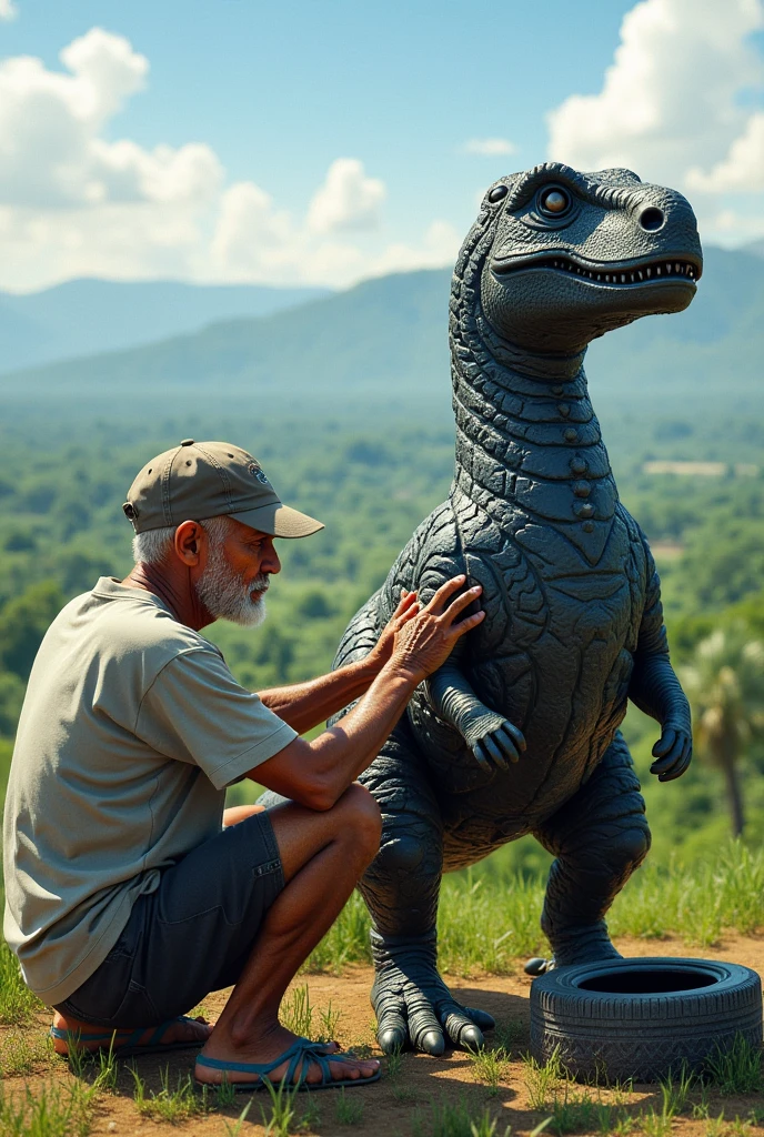 An old Cambodian man is making a dinosaur sculpture from a car tire in a field overlooking the countryside of Cambodia.