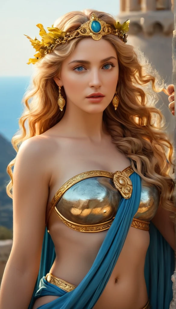Helen of Troy and Menelaus (Highest quality,4K,8k,High resolution,masterpiece:1.2), Very detailed, (Realistic,photoRealistic,photo-Realistic:1.37), Portraiture, High resolution, Greek Mythology, Portrait of the beautiful goddess Venus, Perfect DNA, Detailed eyes, Detailed lips, Stunning beauty, flowing golden hair, nude, Perfect body, perfect nude, Graceful pose, Captivating Gaze, Vibrant colors, Soft lighting.(Browsing Caution:1.4)