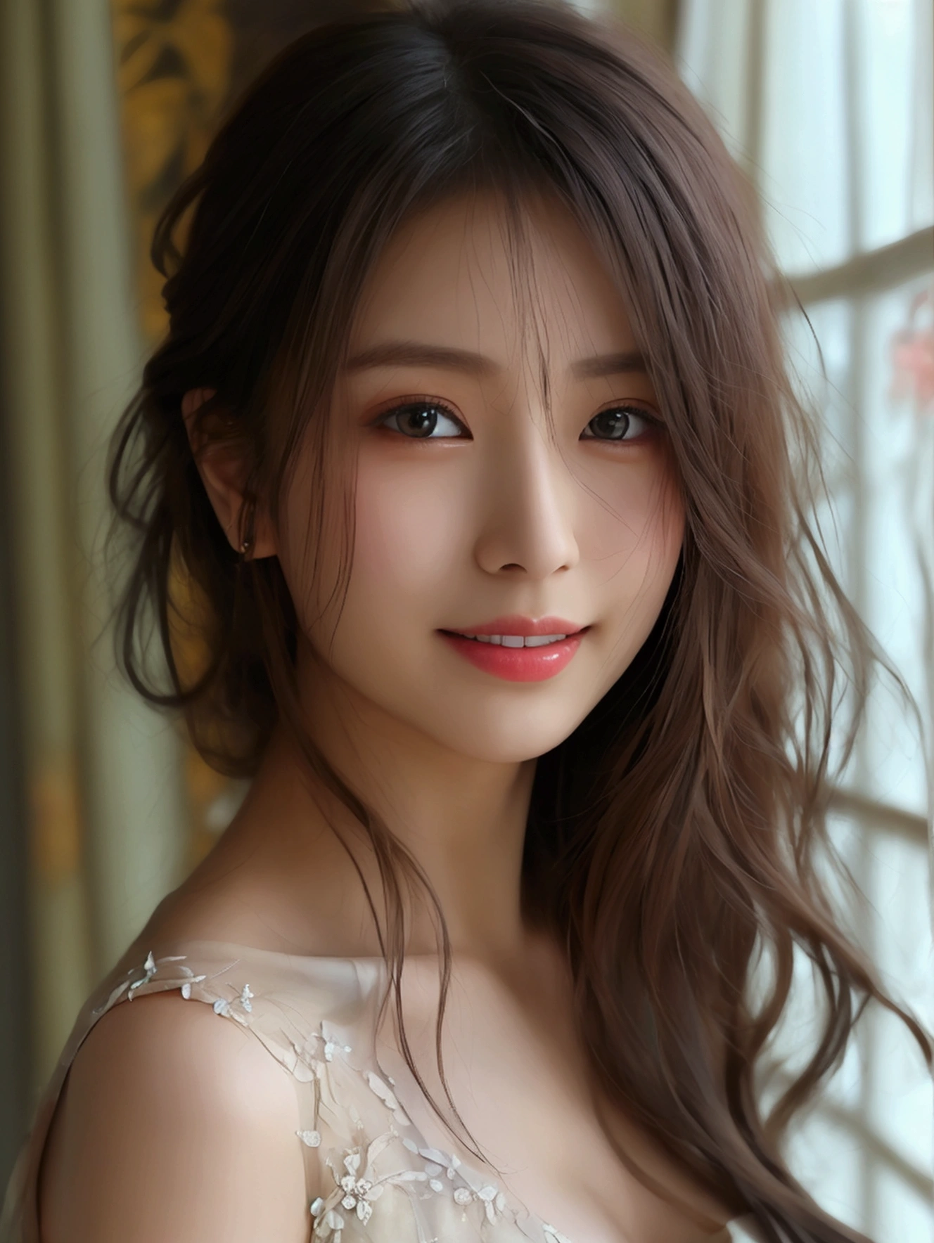 ((Highest quality、8k、masterpiece:1.3))、(Beautiful and vivid background: 1.2), (Very detailedCG, Very detailed, Best Shadow: 1.1), ((Depth of written boundary)),Beautiful concept art,(Very delicate: 1.1), (Perfect detail: 1.1),(Sleeveless dress:1.3)、Young Japanese woman、(Anatomically correct body)、（Perfect figure:1.3）、(Very detailed美しい顔、Beautiful skin texture)、Cute smile、(Beautiful Eyes:1.1)、double eyelid、(Large Breasts)、Beautiful curves、Beautiful long legs、((nsfw))