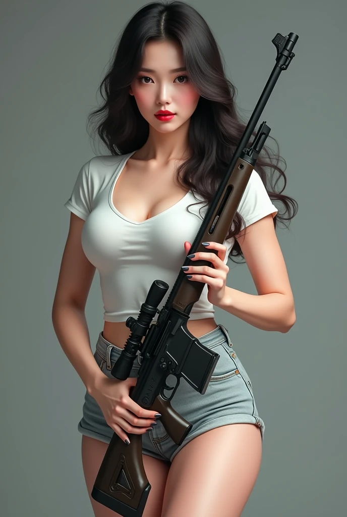 Ultra realistic photorealism attractive Chinese woman from the front with big breasts and big ass in white t-shirt with shorts standing 8k standing with a sniper rifle