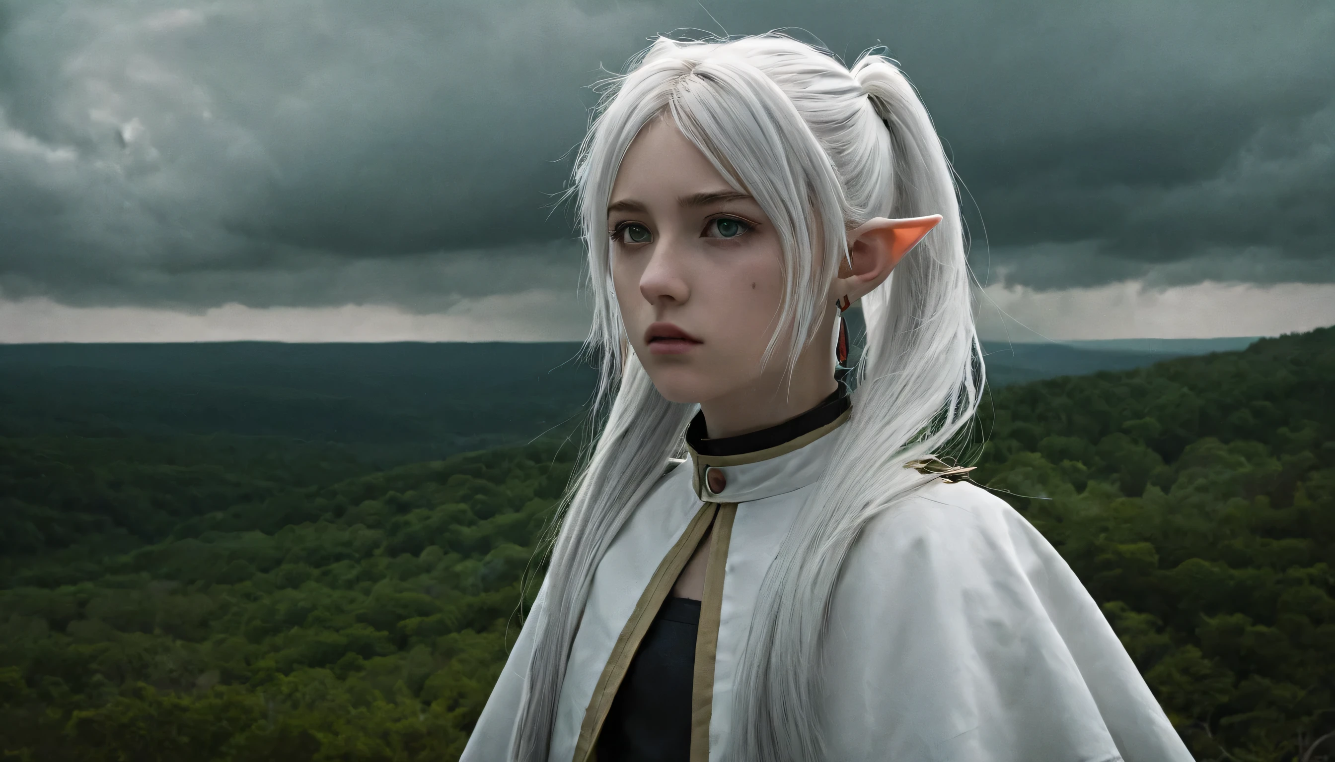 Photorealistic, reality, 1girl, white hair, long hair, twintails, pointy eyes, green eyes, white caplet, jewelry, earrings, standing alone, dark desolate landscape, vast desfiladeiro, dramatic sky, wind blowing through her hair, forest in the distance, deep shadows, solemn and contemplative expression, fantasy setting, realistic textures, cinematic lighting.