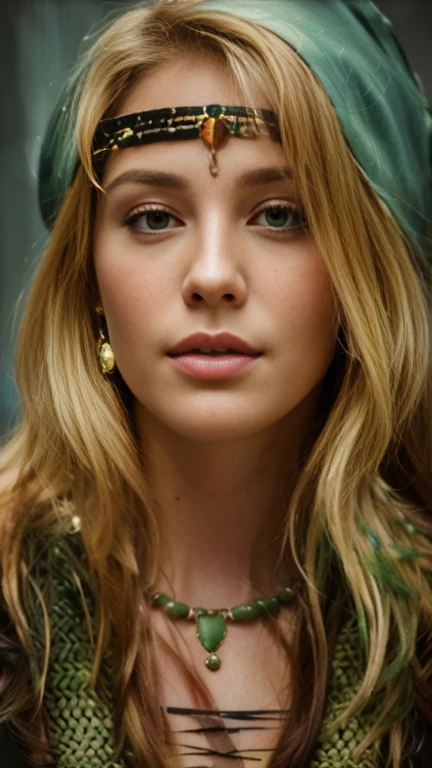 painting of a woman with a green necklace and a green necklace, close-up character portrait, realistic female portrait, Realistic portrait, Detailed character portrait, portrait of baldur's gate character, fantasy genre portrait, Close-up of character portrait, fantasy character portrait, character art portrait, autorRealistic portrait, photorealistic digital painting, shadow run character art, Realistic portrait del renacimiento, julie dillon