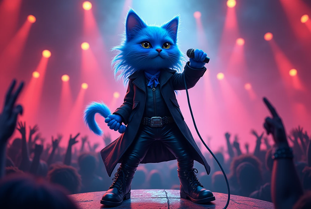 blue cat, on the stage, wearing black coat, pants,blue hair, boots, singing , microphone, rock concert, rock festival, screaming, singing, rockstar,from below, full body