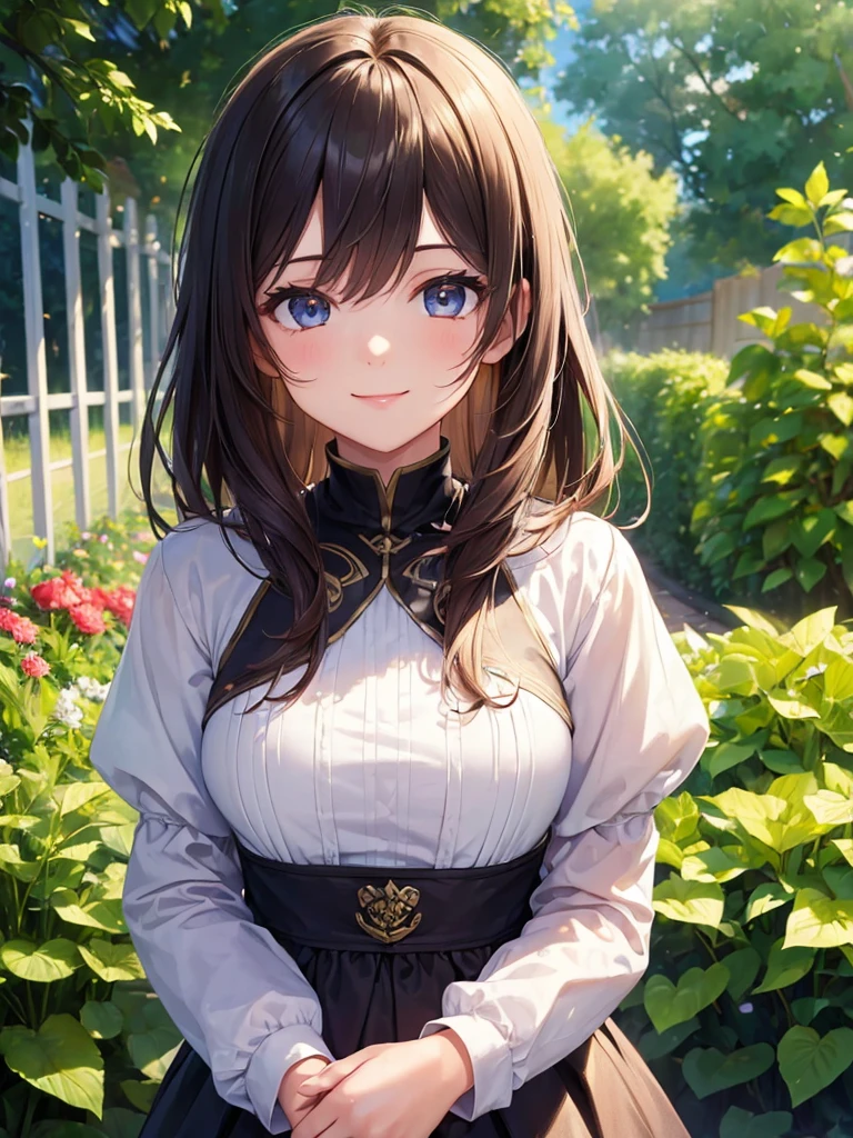 (masterpiece:1.5),(Beat quality),(high res),1girl solo,beautiful face,smile(shining eyes),upper body,light effects,Plainclothes woman,garden