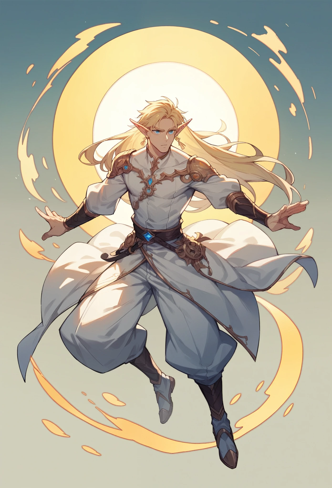 1 Men, Elf, Blue Eyes, Blonde, Long Hair, White Clothes with Golden Symbols, Small Sun Ear Earring, Full Body, Head Turned Left, Dynamic Pose