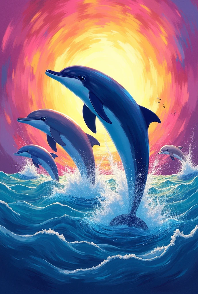 Colorful dolphins jumping out of the water with a bright colorful background 
