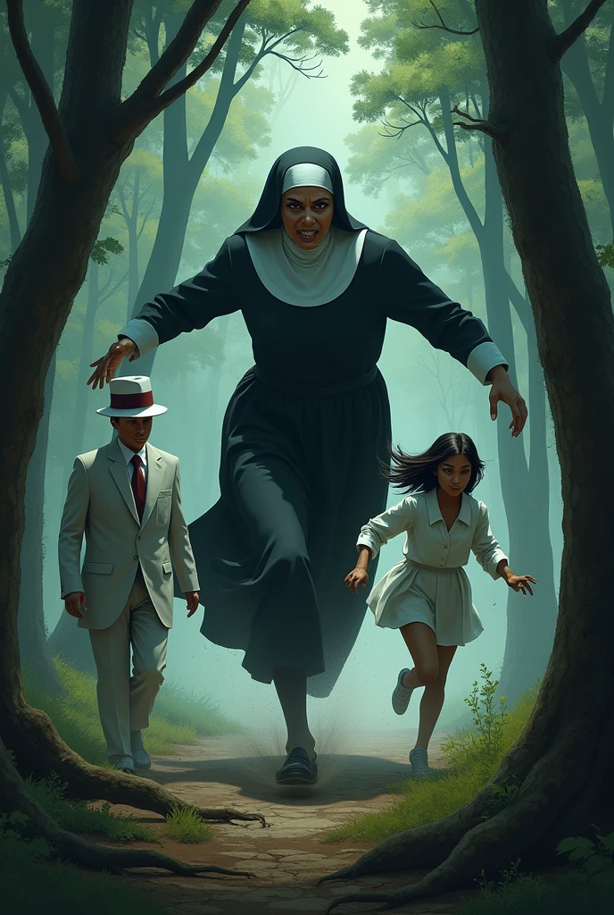 a scary nun running after a little white boy with straight hair and a black woman running with him holding hands in the woods and a man in a white suit and a white and red hat in front of them