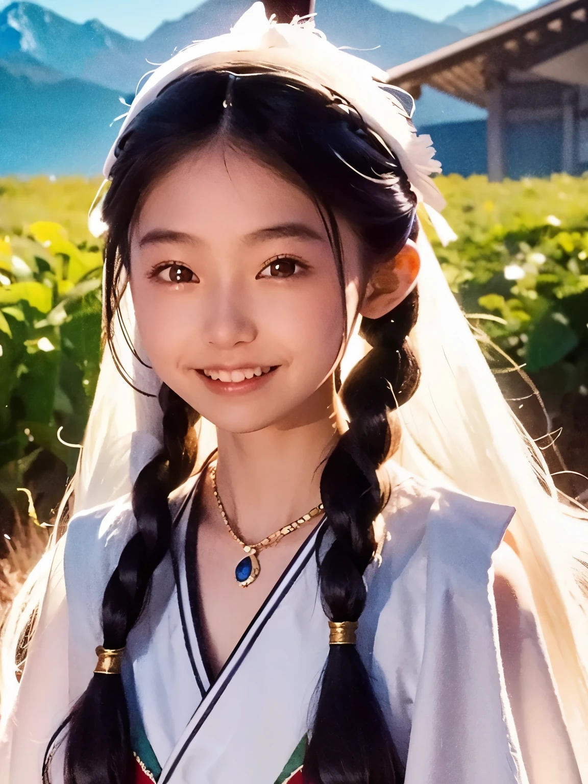 girl, Long braids, Tibetan Girl, close, Head slightly raised, smile, Bust photo, Upper Body, Appearance Yang Transcendence, Gorgeous Tibetan costume, Unwieldy Tibetan Necklace, Awkward Tibetan Headdress, Clothing fuzz, White animal bulge, CG of real people, Sweet Style, Movie Style, High-quality 4K