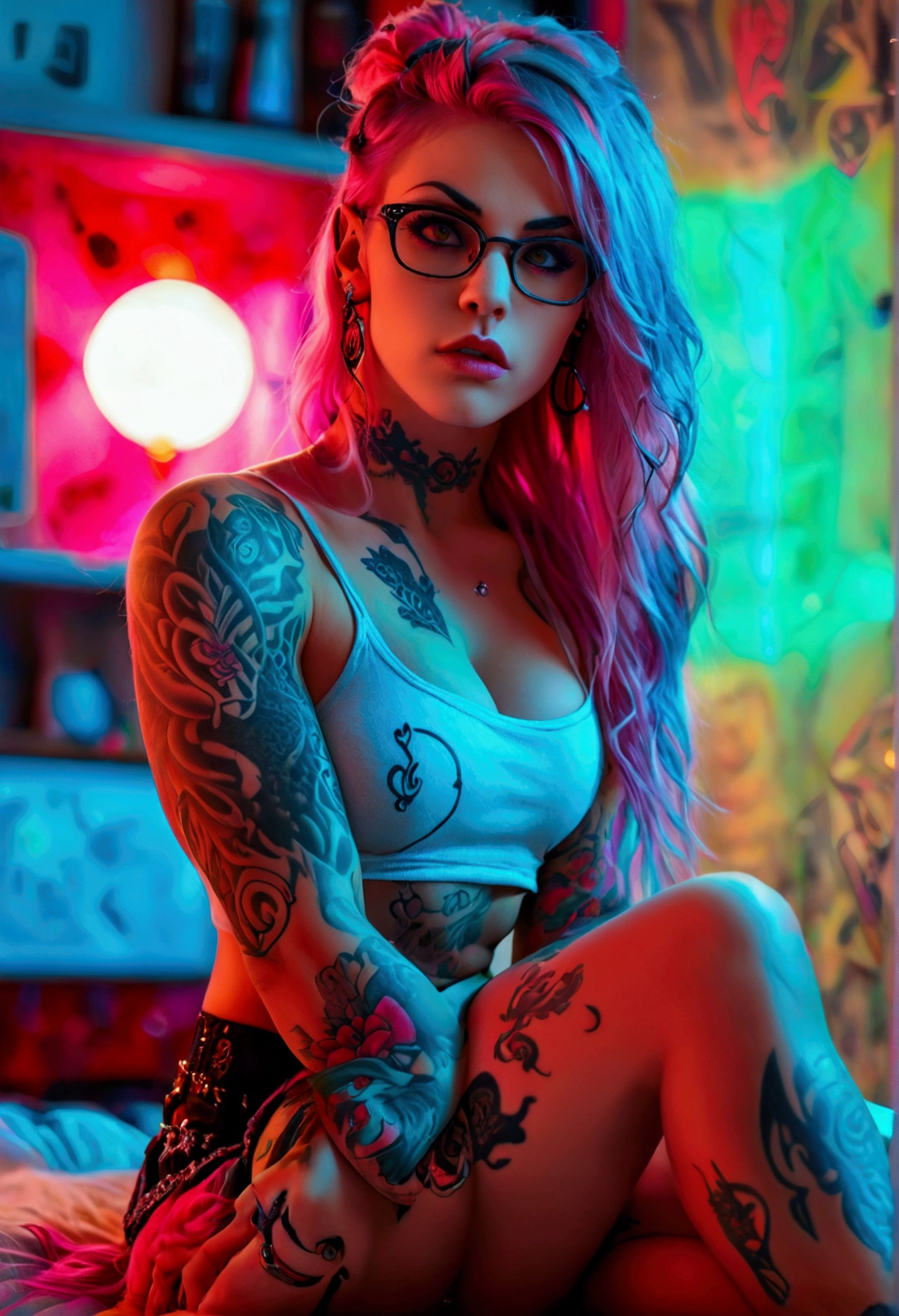 Create a hyper detailed photograph of a tattooed muscular young sexy nerd goth, Stunningly perfect gorgeous feminine face, perfect makeup, detailed vibrant eyes, long flowing hair, big beautiful muscular legs, big beautiful muscular arms, perfect hour glass body figure, detailed smooth skin, large breast, perfect round ass, complete full body view,