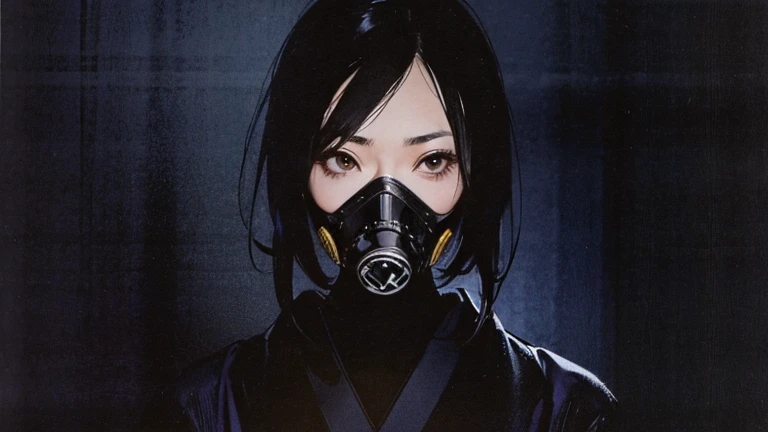 Black Hair、Cold look:1.5、Japanese woman in her 30s、Dark Background、One Cool Lady:1.5、Sharp Eye、night、whole photo、villain、bad expression、Woman wearing a gas mask