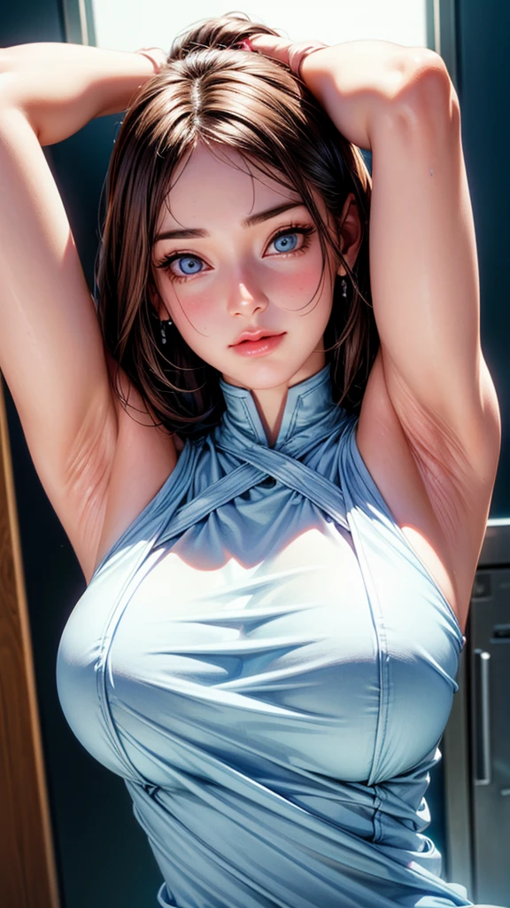 (best quality, highres:1.2), 1girl, beautiful detailed eyes, beautiful detailed lips, extremely detailed eyes and face, long eyelashes, medium:oil painting, vivid colors, HDR, studio lighting, ultra-fine painting, sharp focus, physically-based rendering, extreme detail description, portraits, curvy body, big breasts, perfect shape, showing armpit, facing viewer, sweaty, gorgeous, arms up, half body picture, sleeveless dress