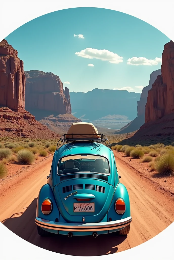 Rear of a 1973 blue Beetle,
Traveling through the Grand Canyon in the USA,
with written logo "vacation" Na parte de cima.
With wide mode view.
Round shaped image.