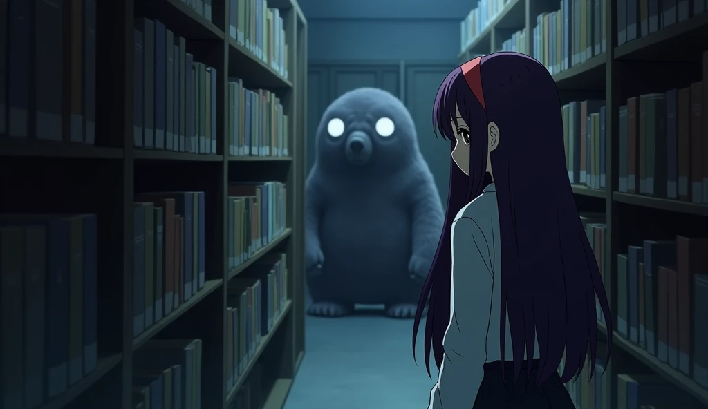 May ((A female student with long, dark purple hair that reaches the middle of her back. She always wears a red headband. She have a brown eyes color. She is wearing a long-sleeved shirt and a black skirt.)) walks down the aisle between the bookshelves, She turns a corner and sees a mole mascot ((A scary mole mascot costume)) standing in the dark corner of the room, its empty eyes staring straight at her.