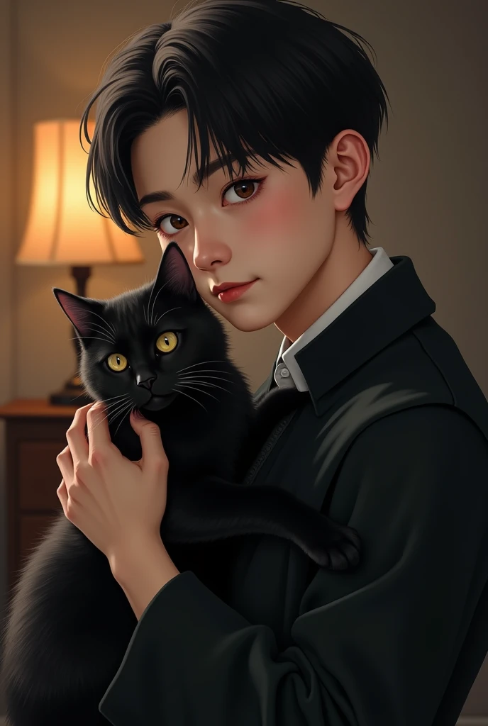 Create a realistic photo of a charismatic, cute, innocent but mature looking and handsome filipino-korean seminarian holding a black cat for my cover in my novel about a boys love story of a seminarian and vampire.