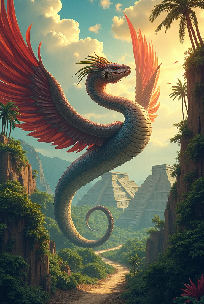 Make a giant flying snake. I want you to generate art in the style of drawing and painting used by the Mayans and Aztecs