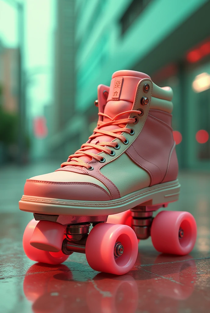 An 80s style shoe, with pastel shades like red and green. Leather and suede materials, with an urban background, that the image looks like an advertisement from the 80s in shades. Next to accessory wheels for you to turn skates