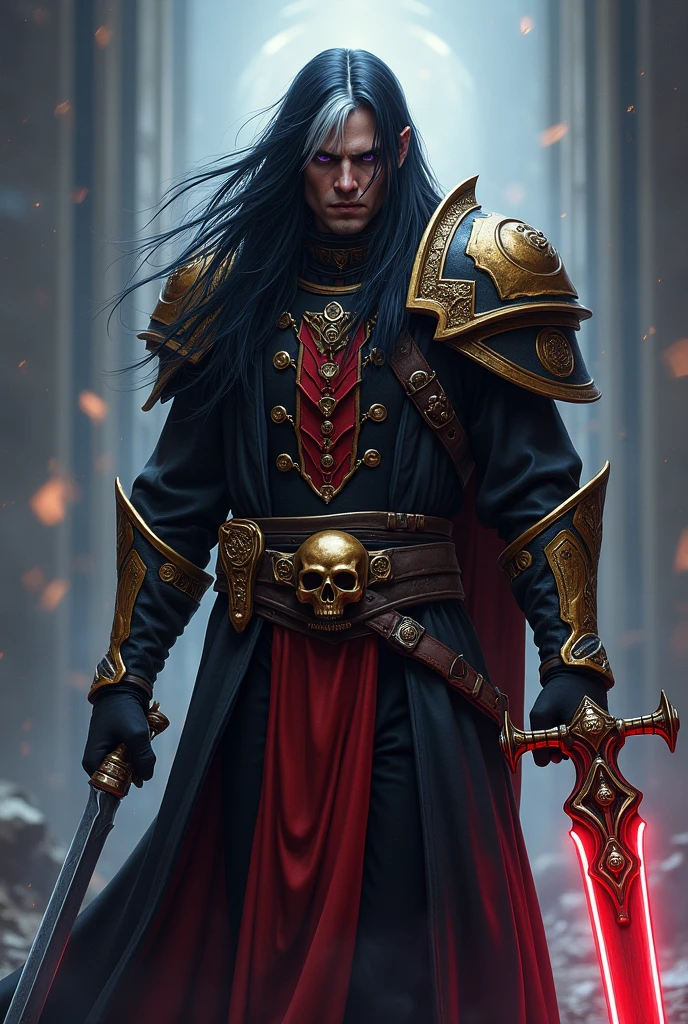 Man with long black hair with white streak Violet eyes Inspired by a Psyker from the Warhammer 40k universe Black clothes with red details and golden skulls Wields a silver sword in one hand and an energy sword in the other Scar on the left eye RPG style