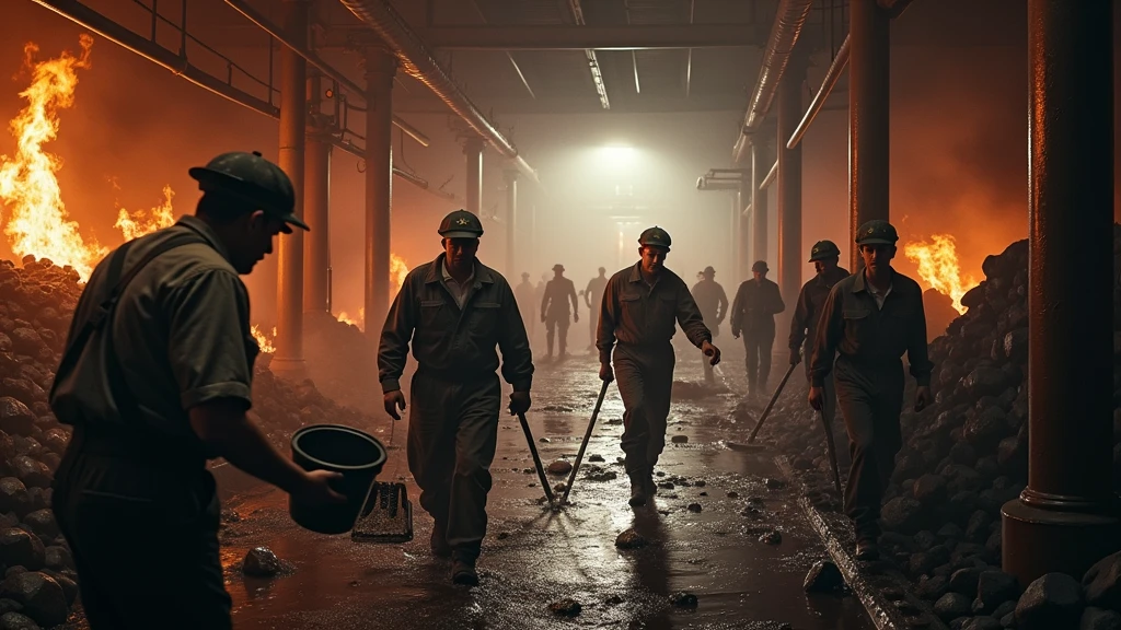 Captivating and cinematic image, TITANIC ENGINEERS WORK IN THE TITANIC&#39;S COAL STORE, THESE men work to put out a huge fire coming from the boilers, THEY USE WATER HOSES,year of 1912 with Star Line clothes working in denim overalls, to contain fire in coal deposit. they throw buckets of water and have shovels in their hands