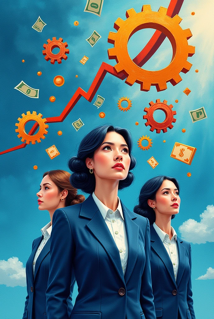 Create three-dimensional gears, circles, and squares, currency, graph lines, and many businesswomans Wear a dark blue suit images. Using watercolor and mixed media Use bright colors The light source is in the upper right corner,background blue. --ar 2:3