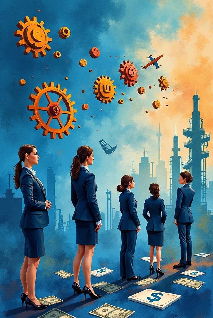 Create three-dimensional gears, circles, and squares, currency, graph lines, and many businesswomans Wear a dark blue suit images. Using watercolor and mixed media Use bright colors The light source is in the upper right corner,background blue. --ar 2:3