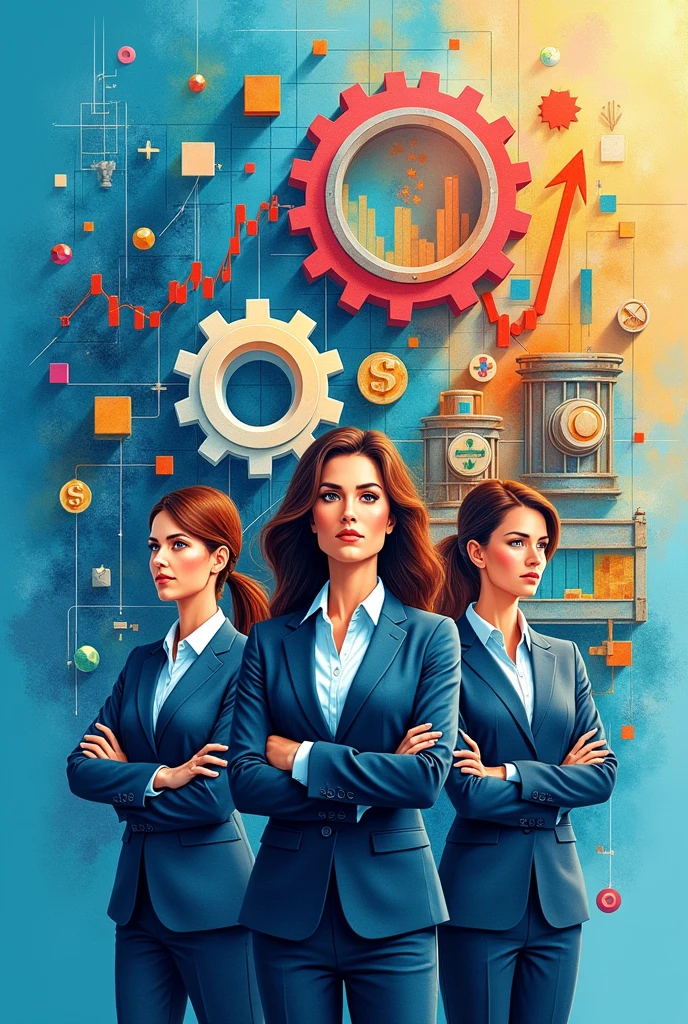 Create three-dimensional gears, circles, and squares, currency, graph lines, and many businesswomans Wear a dark blue suit images. Using watercolor and mixed media Use bright colors The light source is in the upper right corner,background blue. --ar 2:3
