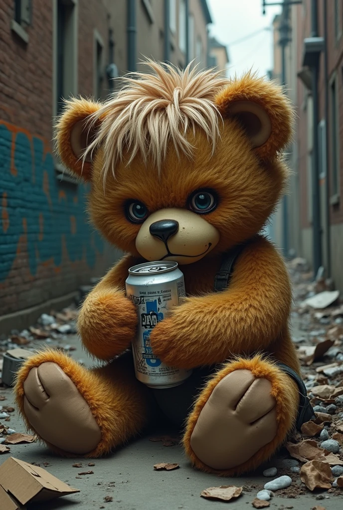 Homeless teddy bear with a beer and emo hair