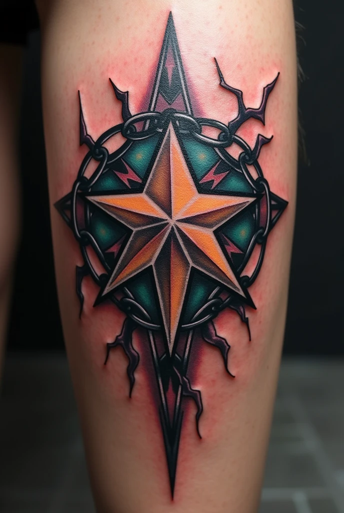 a star knee tattoo design with lightnings and chains around it